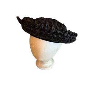 Vintage 60's Retro Black Woven Straw Hat Bow Detail Original Box